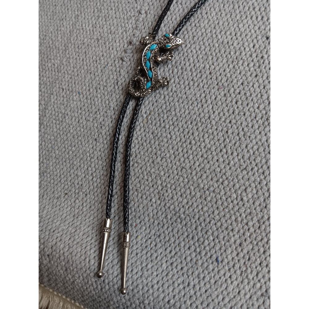 Bolo Tie Mens Lizard Shaped Slide Turquoise Stones Vintage‎ Western - Picture 6 of 6